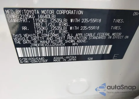 2018 Toyota Rav4 Limited/Se/Platinum z USA, uszkodzony, nr VIN JTMDFREV2JJ256404